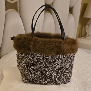 White and Brown Knit Purse with Plush Fur Trim Women Accesories